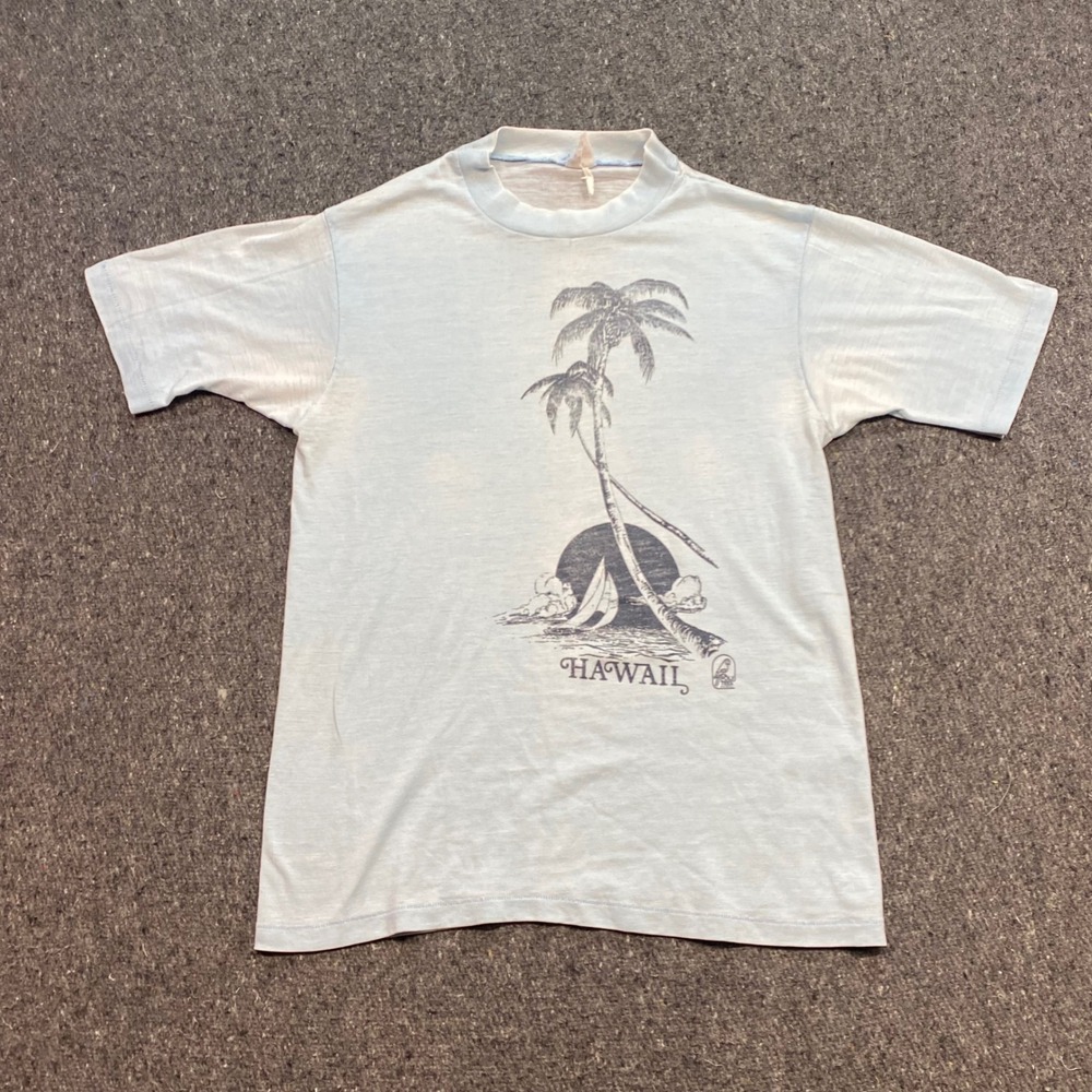 Poly Tees Hawaii Shirt Sz M Mens Blue Vintage 80s Single Stitch Palm Tree Sunset
